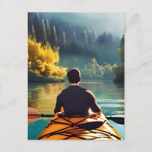 Kayakken op het meer door bergen en bomen briefkaart