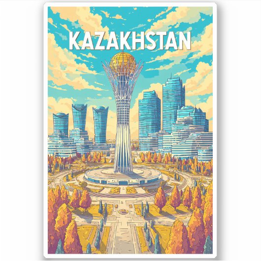 Kazachstan Illustratie Reis Kunst Vintage Sticker (Voorkant)