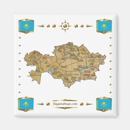Kazachstan Map + Flags Magnet (Voorkant)
