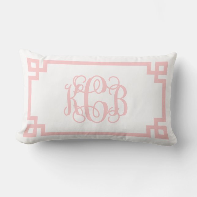 KCB Light Pink Greek Key Script Monogram Kussen (Voorkant)