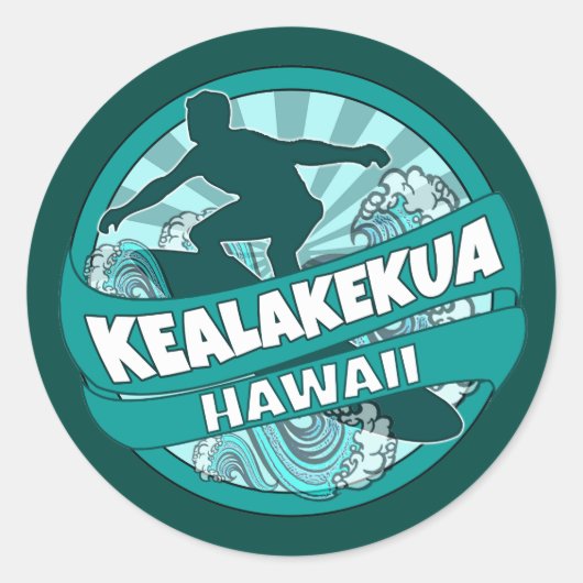 Kealakekua Hawaii blauwgroen surfer logo stickers (Voorkant)