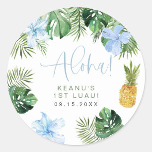 KEANU Tropisch Blauw Hibiscus Luau 1e Verjaardag Ronde Sticker