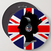 KEEN ELIZABETH MET HOOFDTELEFOONS EN VLAG VAN HET  RONDE BUTTON 6,0 CM (Voorkant /achterkant)