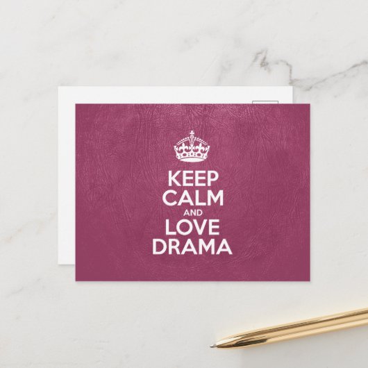 Keep Calm and Love Drama, Roze leder, Typografie Briefkaart (Voorkant / Achterkant in situ)