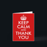 Keep Calm and Thank You Bedankkaart<br><div class="desc">Customizable "Keep Calm and Thank You" text design with a white crown and classic red background. Create your own personalized thank you note card. Pick your favorite color and customize the background. Try heeft verschillende tegenover elkaar staan, of size-stijl. Add your own foto to personalize the design.</div>