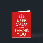 Keep Calm and Thank You Bedankkaart<br><div class="desc">Customizable "Keep Calm and Thank You" text design with a white crown and classic red background. Create your own personalized thank you note card. Pick your favorite color and customize the background. Try heeft verschillende tegenover elkaar staan, of size-stijl. Add your own foto to personalize the design.</div>