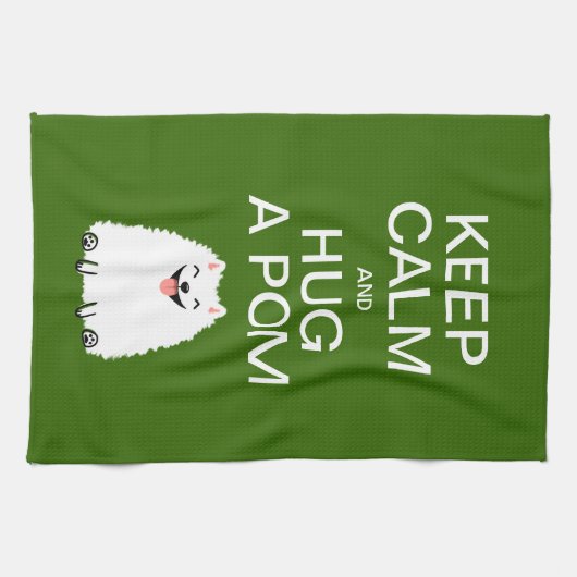Keep Calm en Hug a Pom - Funny White Pommeren Theedoek (Horizontaal)