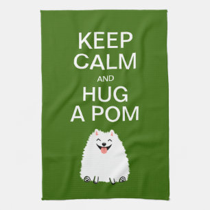 Keep Calm en Hug a Pom - Funny White Pommeren Theedoek