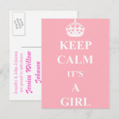 Keep Calm Girl Baby Aankondiging Briefkaart (Voorkant / Achterkant)
