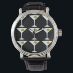 Keep 'Em Coming Martini Horloge (zwart)<br><div class="desc">Deze Keep 'Em Coming Martini Watch heeft een zwarte achtergrond en het betegelde afbeelding van een wit silhouet van een martiniglas. In elk glas zit een glorieuze groene olijf met een oranje pimento. Dit is een leuk polshorloge voor iedereen die wenst dat ze een personage waren in een klassieke film....</div>