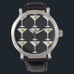 Keep 'Em Coming Martini Horloge (zwart)<br><div class="desc">Deze Keep 'Em Coming Martini Watch heeft een zwarte achtergrond en het betegelde afbeelding van een wit silhouet van een martiniglas. In elk glas zit een glorieuze groene olijf met een oranje pimento. Dit is een leuk polshorloge voor iedereen die wenst dat ze een personage waren in een klassieke film....</div>