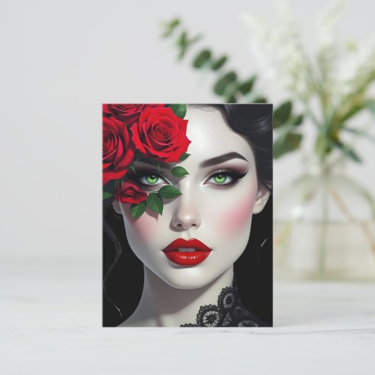 Keep in Touch | Beautiful Woman with Red Rose Briefkaart (Staand voorkant)