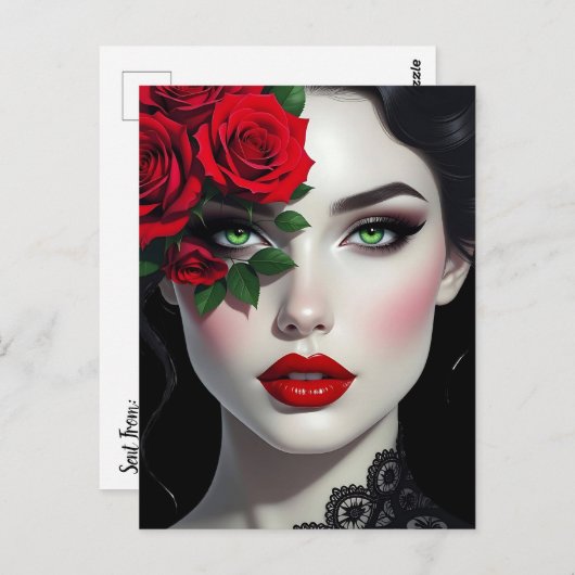 Keep in Touch | Beautiful Woman with Red Rose Briefkaart (Voorkant / Achterkant)