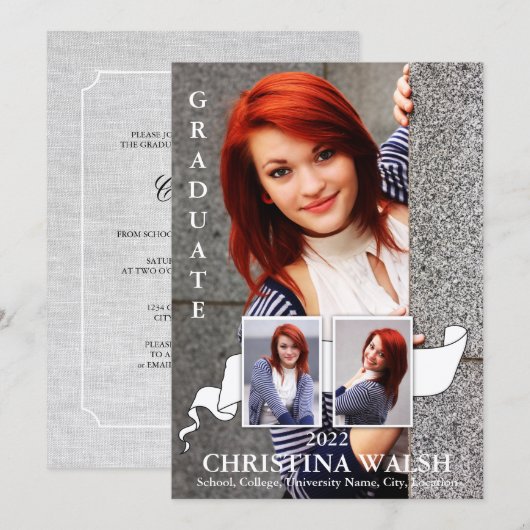 Keepomwille 3 Photo White Ribbon Afstuderen Kaart (Voorkant / Achterkant)