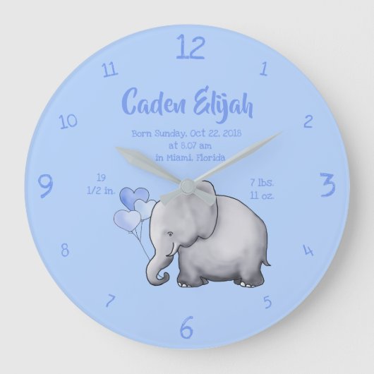 Keepomwille Baby Boy Birth Stat Elephant Nursery Grote Klok (Voorkant)