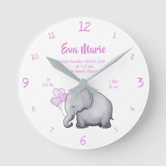 Keepomwille Baby Girl Birth Stats Elephant Nursery Ronde Klok (Voorkant)