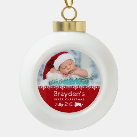 Keepomwille Photo Babys First Kerstred Keramische Bal Ornament (Voorkant)