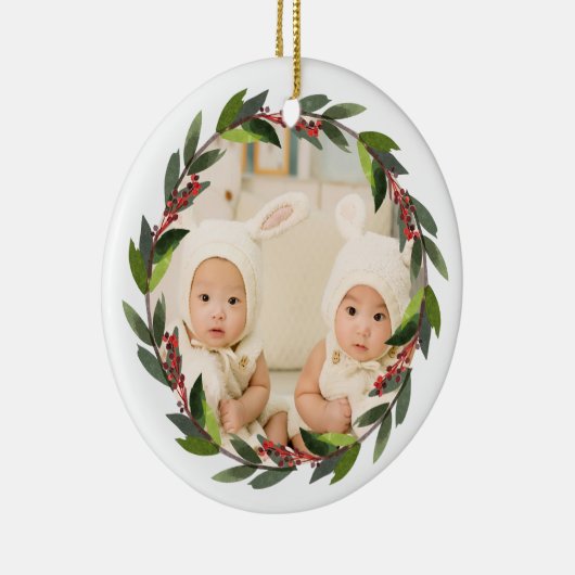 Keepomwille Twins First Kerstmis Wreatfoto Keramisch Ornament (Rechts)