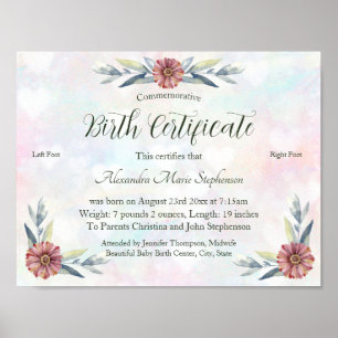 Keepsake Baby Meisje Voetafdruk Geboorte Certifica Poster