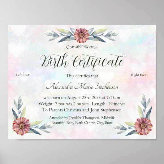 Keepsake Baby Meisje Voetafdruk Geboorte Certifica Poster (Voorkant)