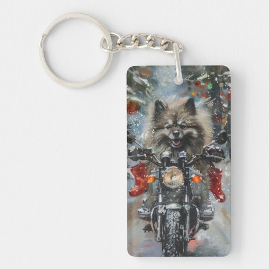 Kees Keeshond Honden Motorfiets Kerstmis Sleutelhanger (Voorkant)