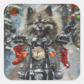 Kees Keeshond Honden op Motorfiets Kerstmis Vierkante Sticker (Voorkant)