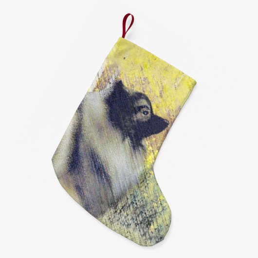 Keeshond Aspen Painting - Cute Original Dog Art Kleine Kerstsok (Voorkant (Hangend))