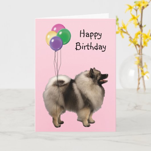 Keeshond, de Ballons van de Verjaardag Kaart (Gele Bloem)