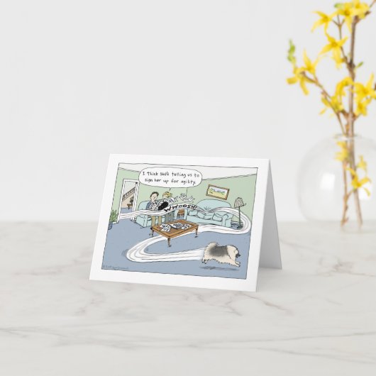 Keeshond Dog Agility Cartoon Birthday Greeting Kaart (Gele Bloem)