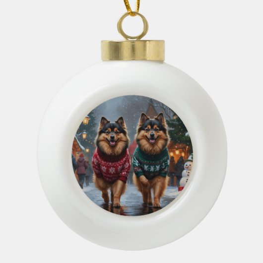 Keeshond Dogs Christmas Snow Holiday Keramische Bal Ornament (Voorkant)