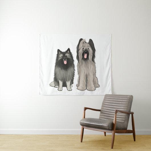 Keeshond en Briard Schattige Cartoon Dogs Wandkleed (In Situ (horizontaal))
