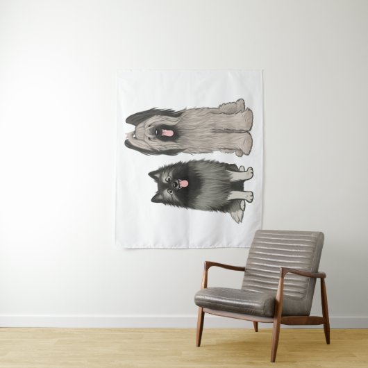 Keeshond en Briard Schattige Cartoon Dogs Wandkleed (In situ)