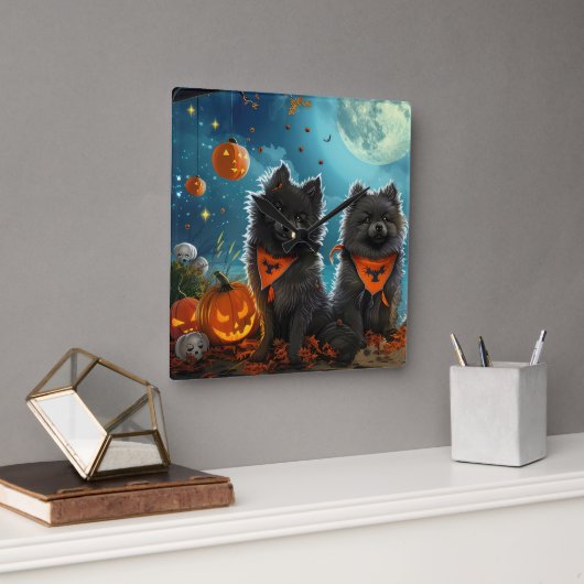 Keeshond Halloween Spoken Vierkante Klok (Kantoor)