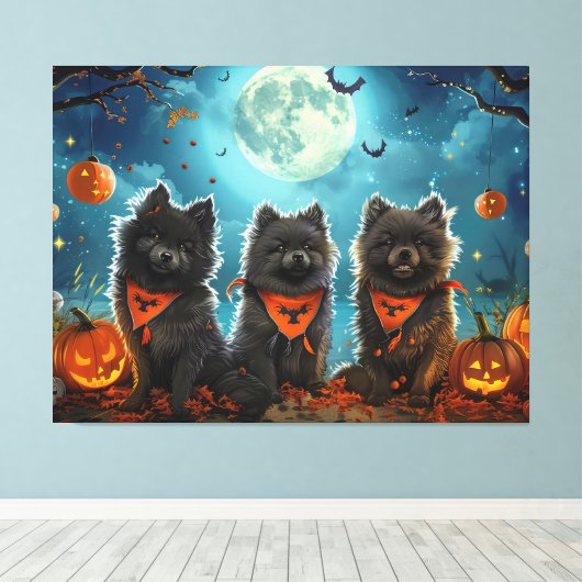 Keeshond Halloween Spooky Canvas Afdruk (Insitu (Houten vloer))