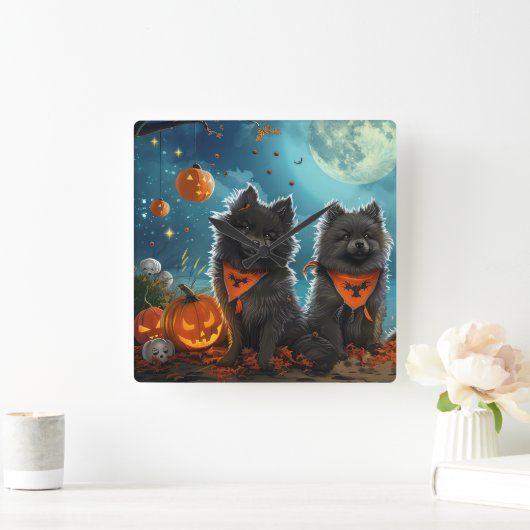 Keeshond Halloween Spooky Vierkante Klok (Huis)