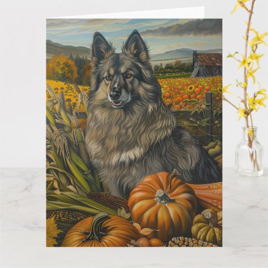Keeshond Herfst Oogst Thanksgiving Kaart (Gele Bloem)