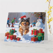 Keeshond Hond Hardlopen In Sneeuw Met Kerst Pet Kaart (Gele Bloem)