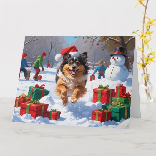 Keeshond Hond Hardlopen In Sneeuw Met Kerst Pet Kaart (Gele Bloem)