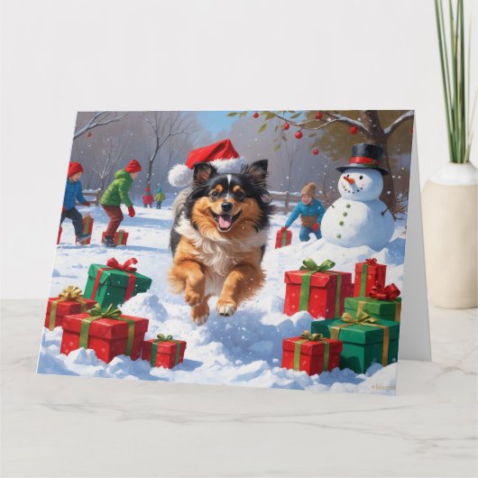 Keeshond Hond Hardlopen In Sneeuw Met Kerst Pet Kaart (Voorkant)
