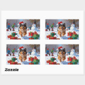 Keeshond Hond Hardlopen In Sneeuw Met Kerst Pet Rechthoekige Sticker (Vel)