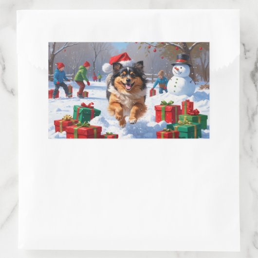 Keeshond Hond Hardlopen In Sneeuw Met Kerst Pet Rechthoekige Sticker (Tas)