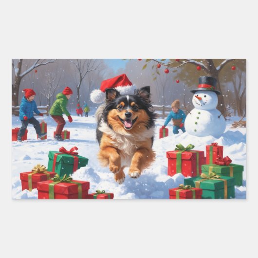 Keeshond Hond Hardlopen In Sneeuw Met Kerst Pet Rechthoekige Sticker (Voorkant)