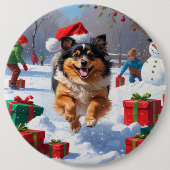Keeshond Hond Hardlopen In Sneeuw Met Kerst Pet Ronde Button 6,0 Cm (Voorkant)