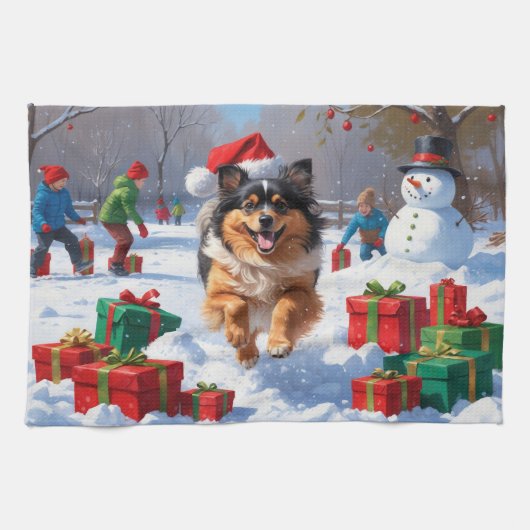 Keeshond Hond Hardlopen In Sneeuw Met Kerst Pet Theedoek (Horizontaal)