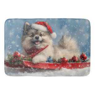 Keeshond Hond in Sledge Laat het Sneeuw Kerstmis Badmat