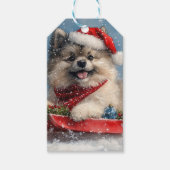 Keeshond Hond in Sledge Laat het Sneeuw Kerstmis Cadeaulabel (Voorkant)