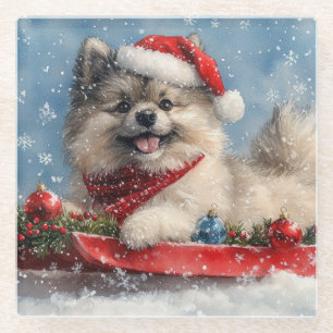 Keeshond Hond in Sledge Laat het Sneeuw Kerstmis Glazen Onderzetter