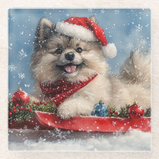 Keeshond Hond in Sledge Laat het Sneeuw Kerstmis Glazen Onderzetter (Voorkant)