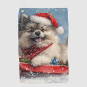 Keeshond Hond in Sledge Laat het Sneeuw Kerstmis Golfhanddoek (Voorkant)