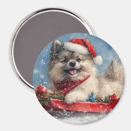 Keeshond Hond in Sledge Laat het Sneeuw Kerstmis Magneet (Voorkant / Achterkant)